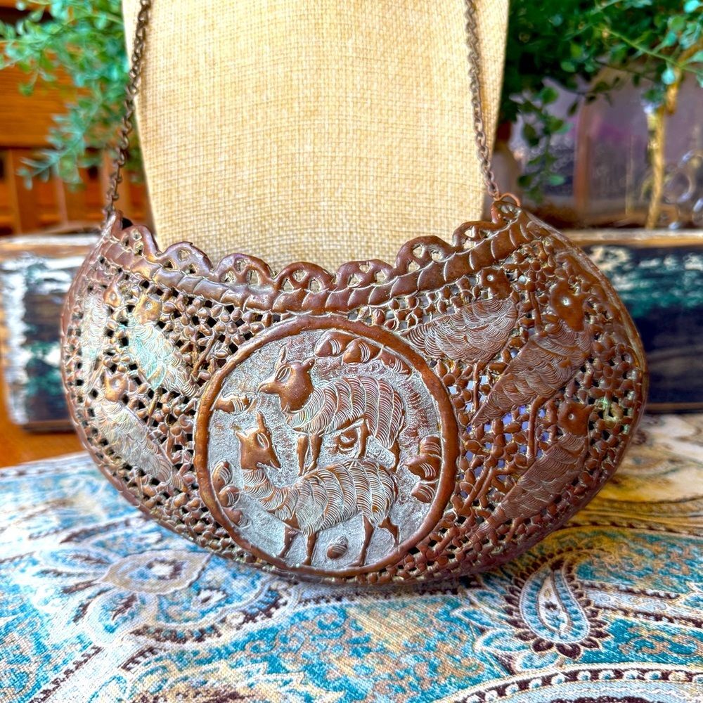 Persian Style Repoussé Copper Kashkūl Begging Bowl with Chain Vintage